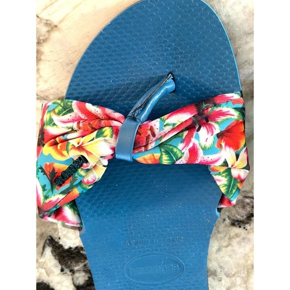 Havaianas Flip Flops Sandals Women's 9/10W EU 41 42 Blue Fabric Tropical - Picture 5 of 9